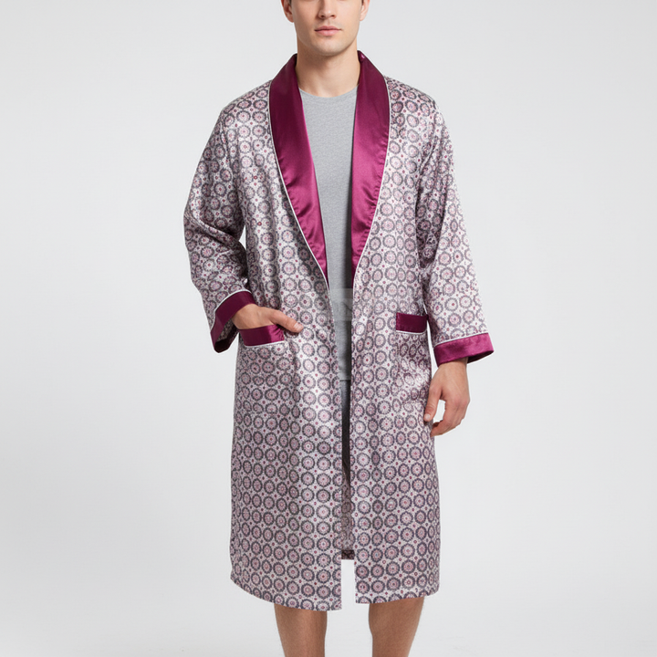 High-quality SatinElegance robe, golden pattern, unisex, breathable fabric