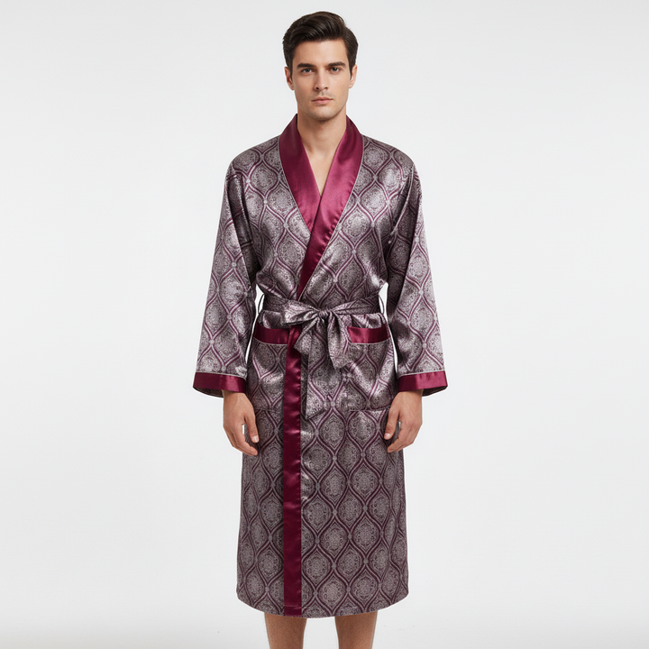 Elegant golden pattern on a silky unisex satin robe, luxury loungewear