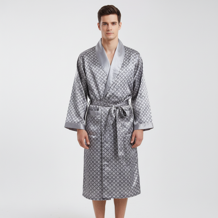 Sophisticated golden patterned unisex satin bathrobe, ultimate comfort