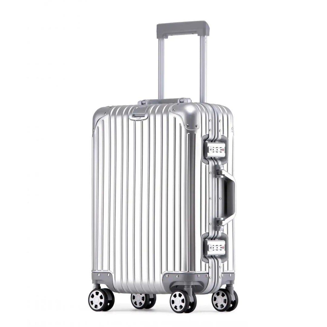 Ready for departure: Secure aluminum hard shell carry-on suitcase with essentials for your next adventure.