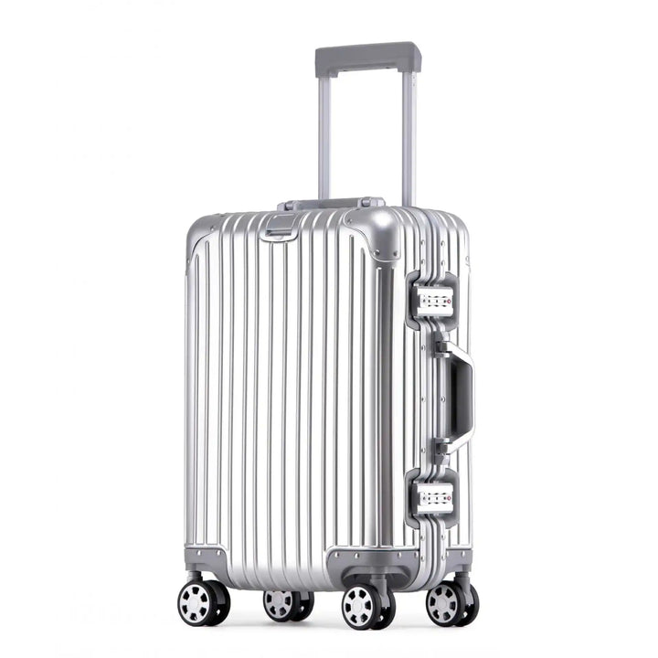Ready for departure: Secure aluminum hard shell carry-on suitcase with essentials for your next adventure.
