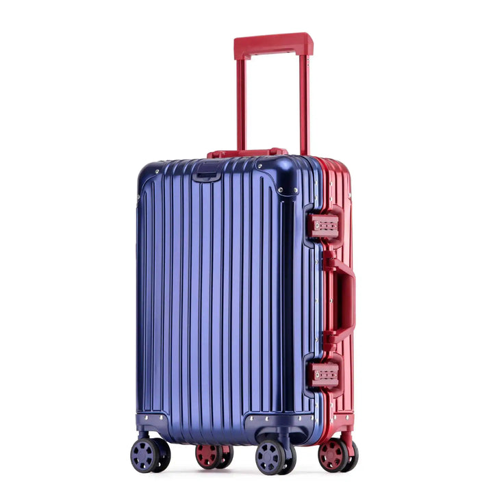Secure TSA-approved lock on a robust aluminum hard shell suitcase, protecting your valuables on the go.