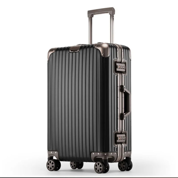 Set of durable aluminum hard shell luggage: carry-on & checked sizes for all your secure travel needs.