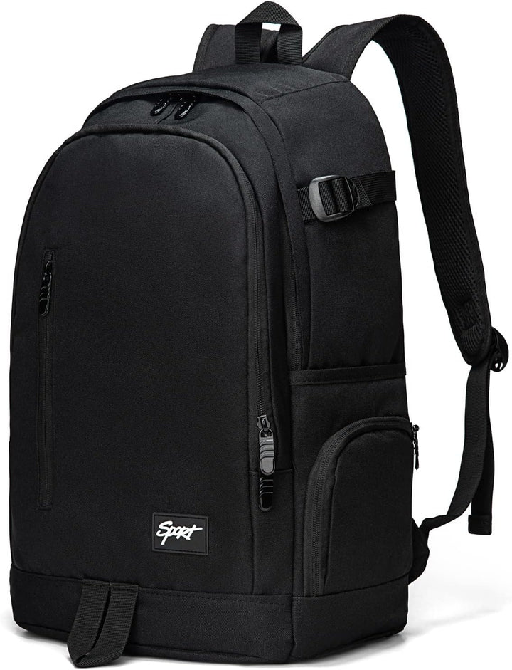 Close-up of the front pocket of a slim 15.6 inch laptop backpack, ideal for tech accessories