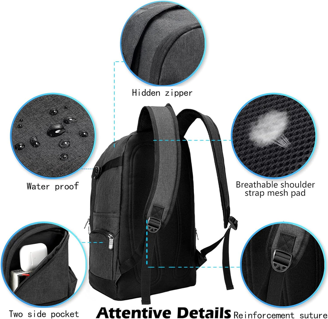Model wearing a black 15.6 inch laptop backpack, suitable for both travel and work, unisex design
