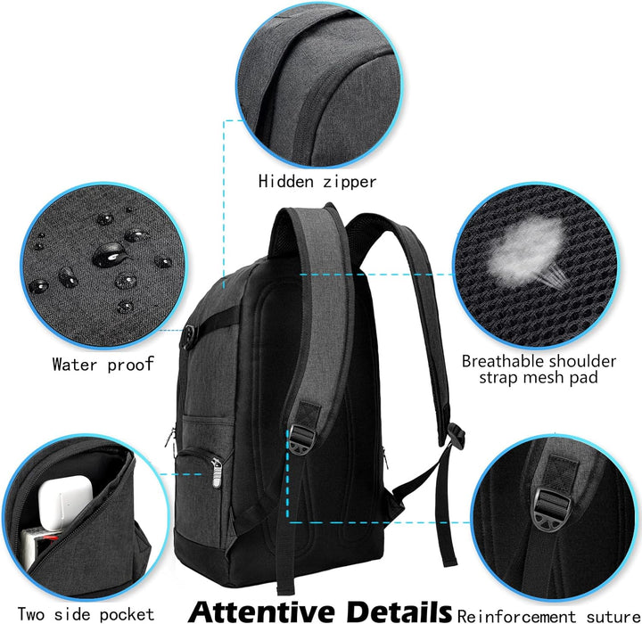 Model wearing a black 15.6 inch laptop backpack, suitable for both travel and work, unisex design