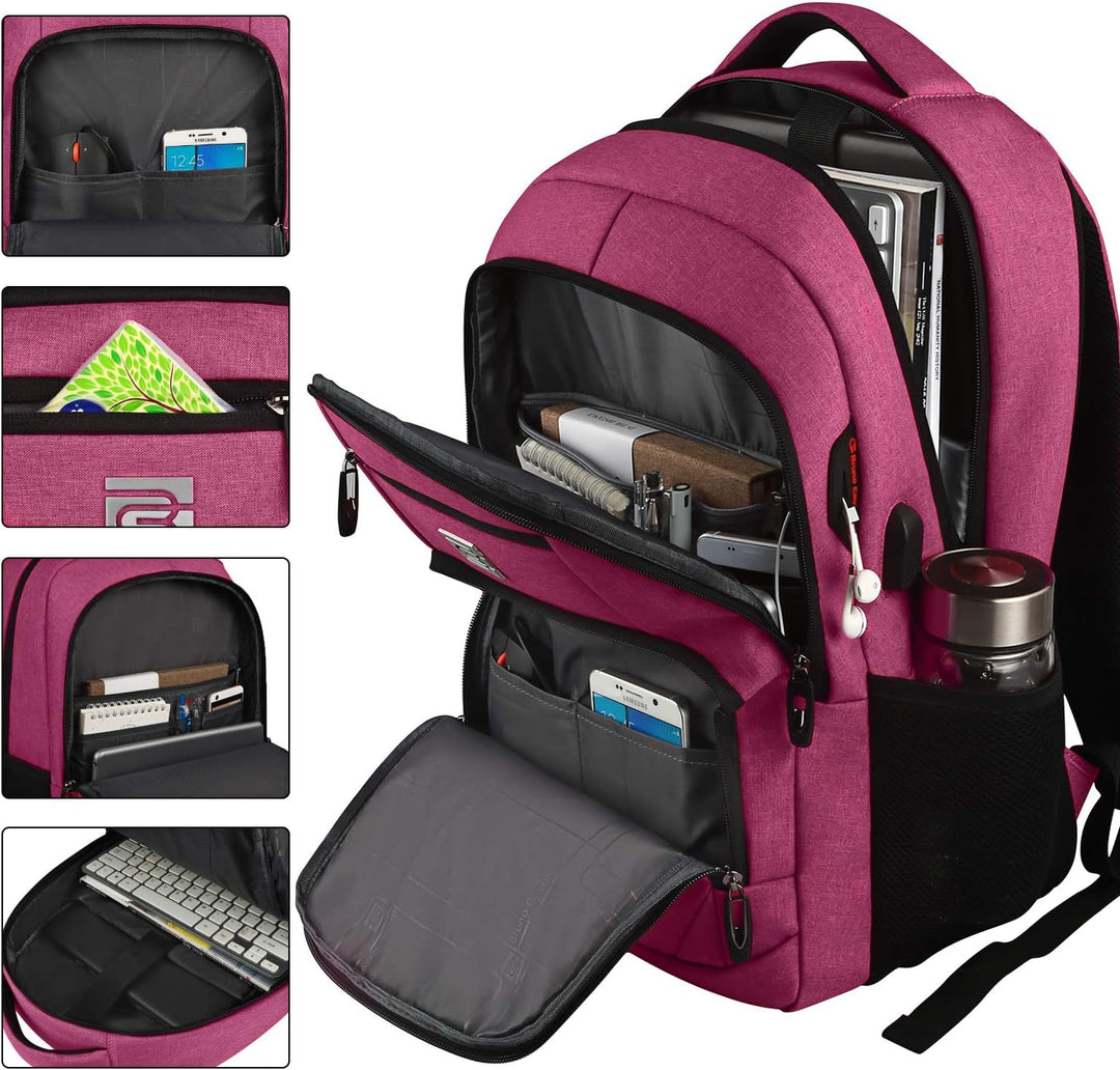 Overhead view of an open anti-theft laptop backpack, revealing ample storage for daily essentials and books