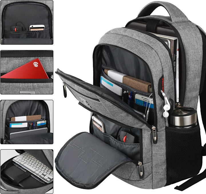 Professional anti-theft backpack, clean lines, USB charging for tablets & laptops.