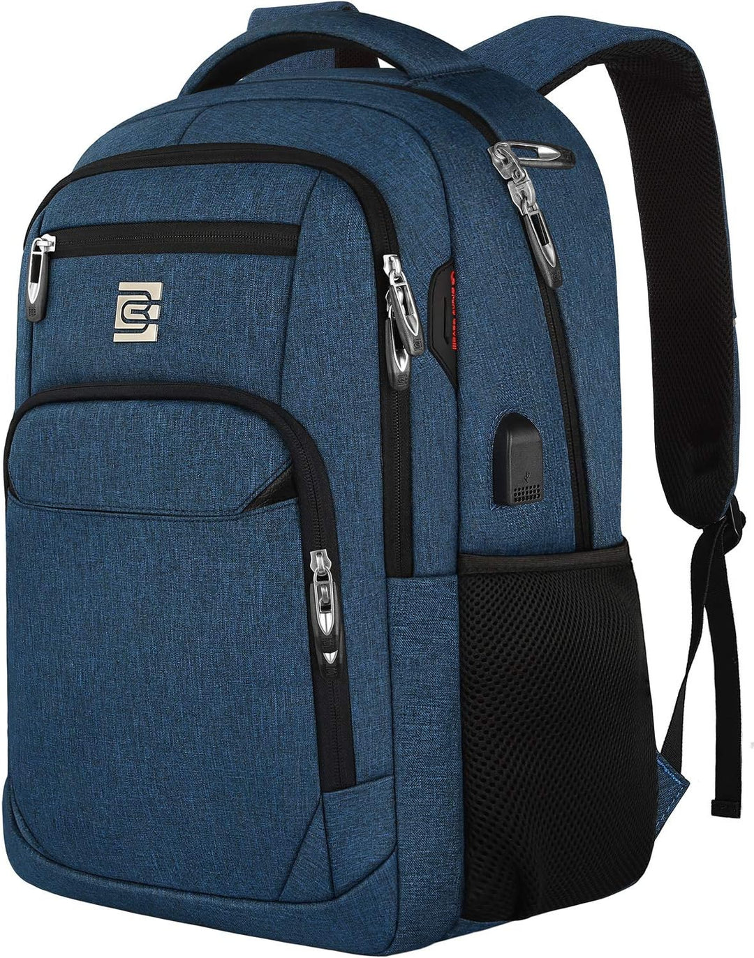 Anti-theft laptop backpack, modern aesthetic, USB charging, fits under airplane seat.