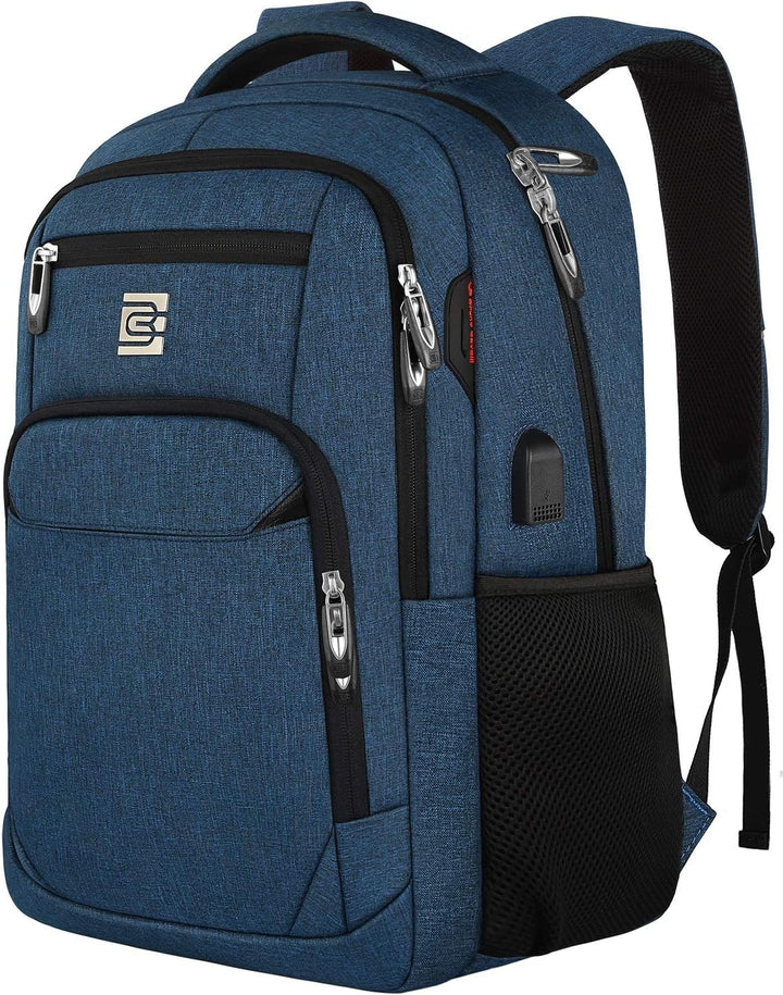 Anti-theft laptop backpack, modern aesthetic, USB charging, fits under airplane seat.