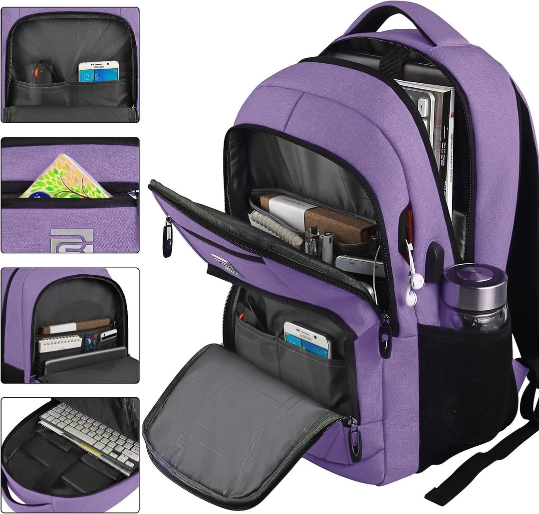 Work anti-theft backpack, sleek design, padded laptop sleeve, USB charging for professionals.