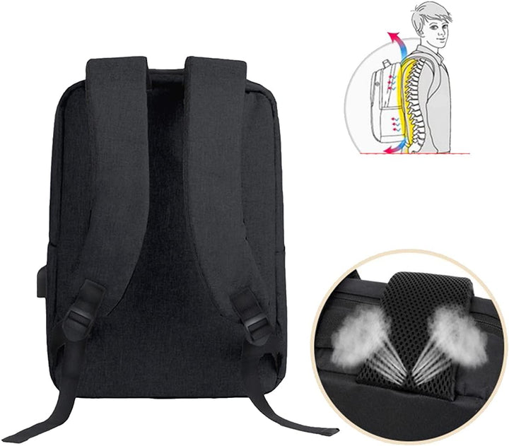 Side view of slim waterproof laptop backpack with integrated USB charging port, showcasing its sleek design