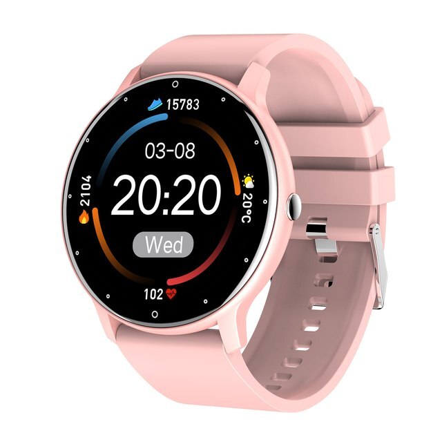 Close-up of SlimLine Fit smartwatch touch screen displaying notifications & fitness data. Android/iOS compatible.