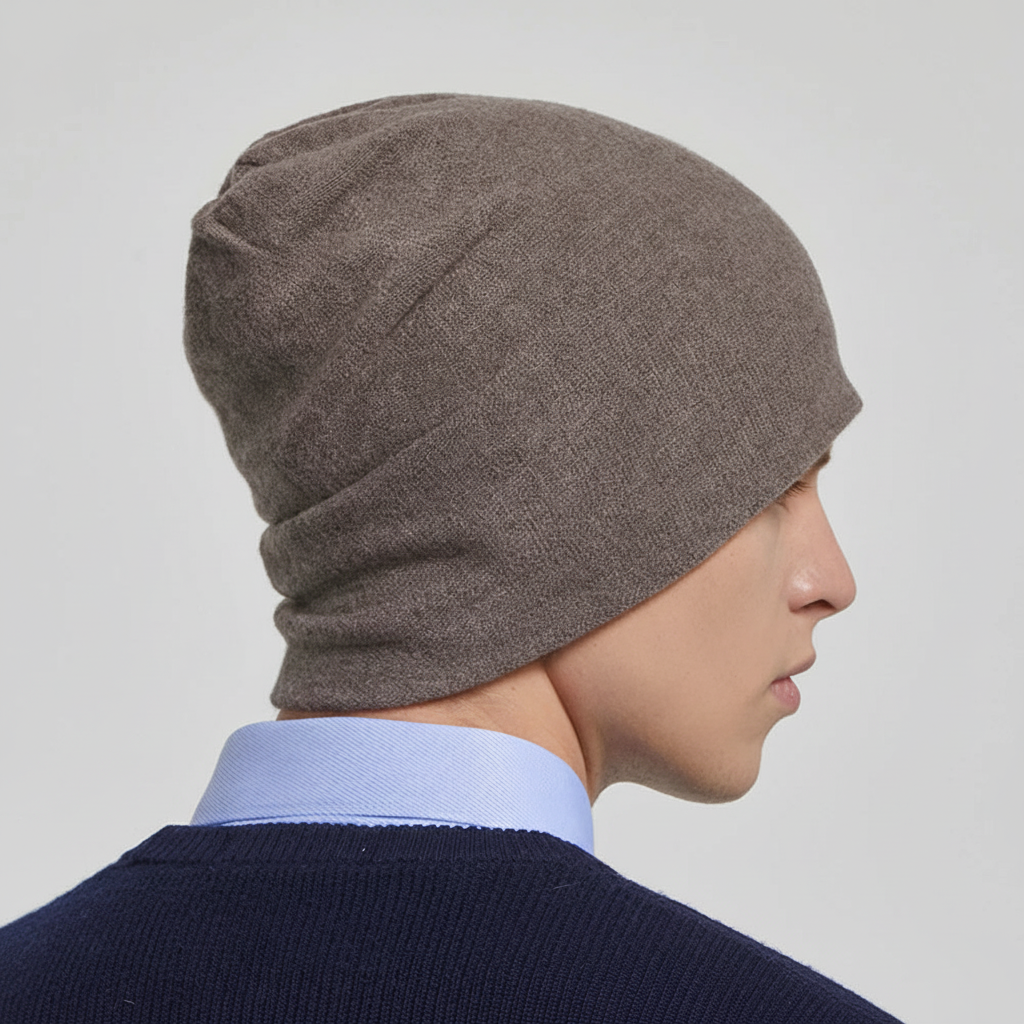 Detail of the knit pattern on a soft Australian wool slouchy beanie, designed for a snug fit