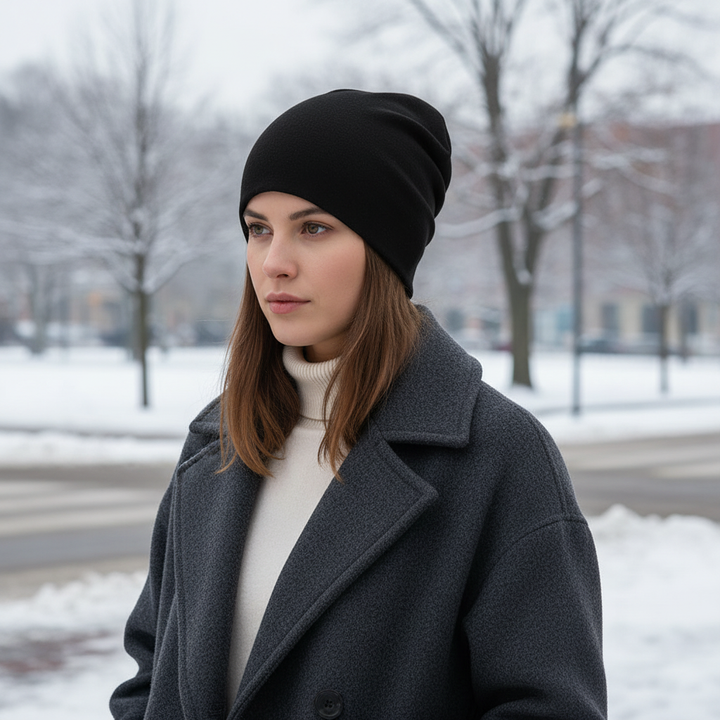 Close-up of a charcoal grey slouchy wool beanie, showcasing its soft texture and one-size fit