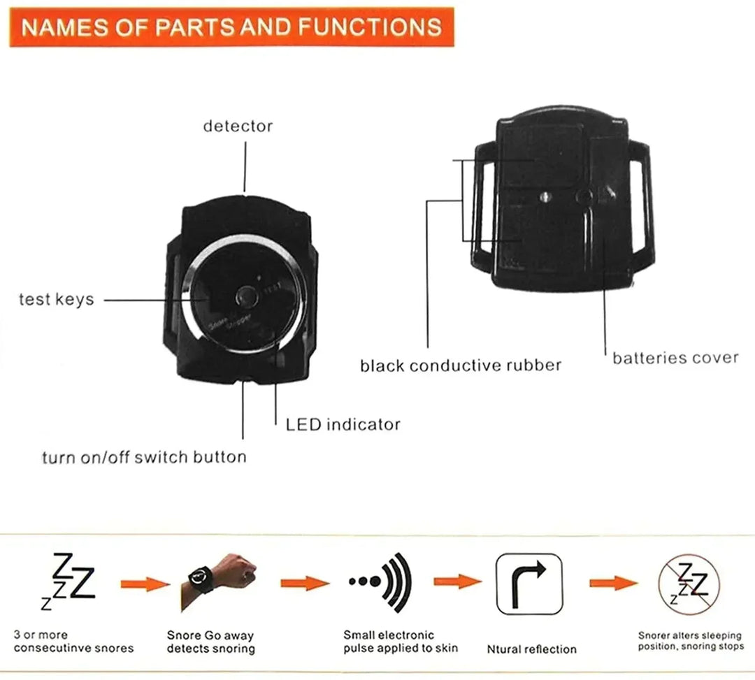 Smart anti-snore bracelet on charging dock, ready for a silent, effective snoring solution and sleep aid.