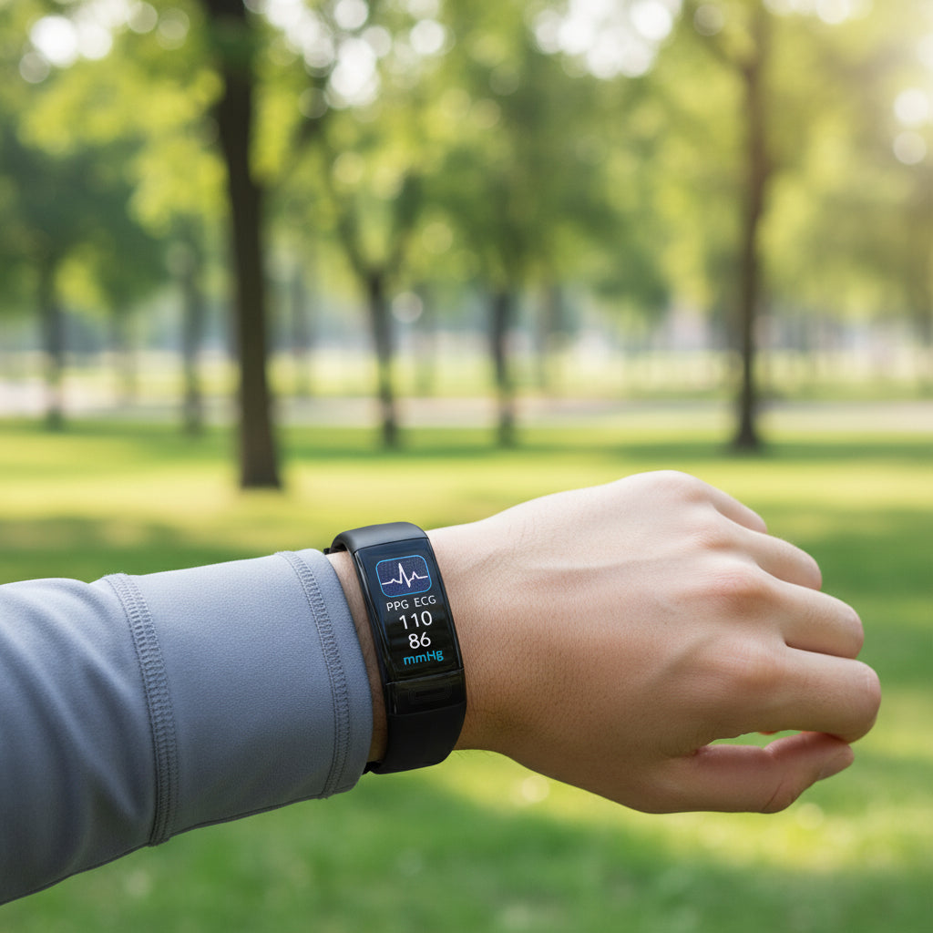 Unisex Smart Armband: ECG, BP, HR monitor for daily health. Sleek black design, ideal fitness & activity tracker.