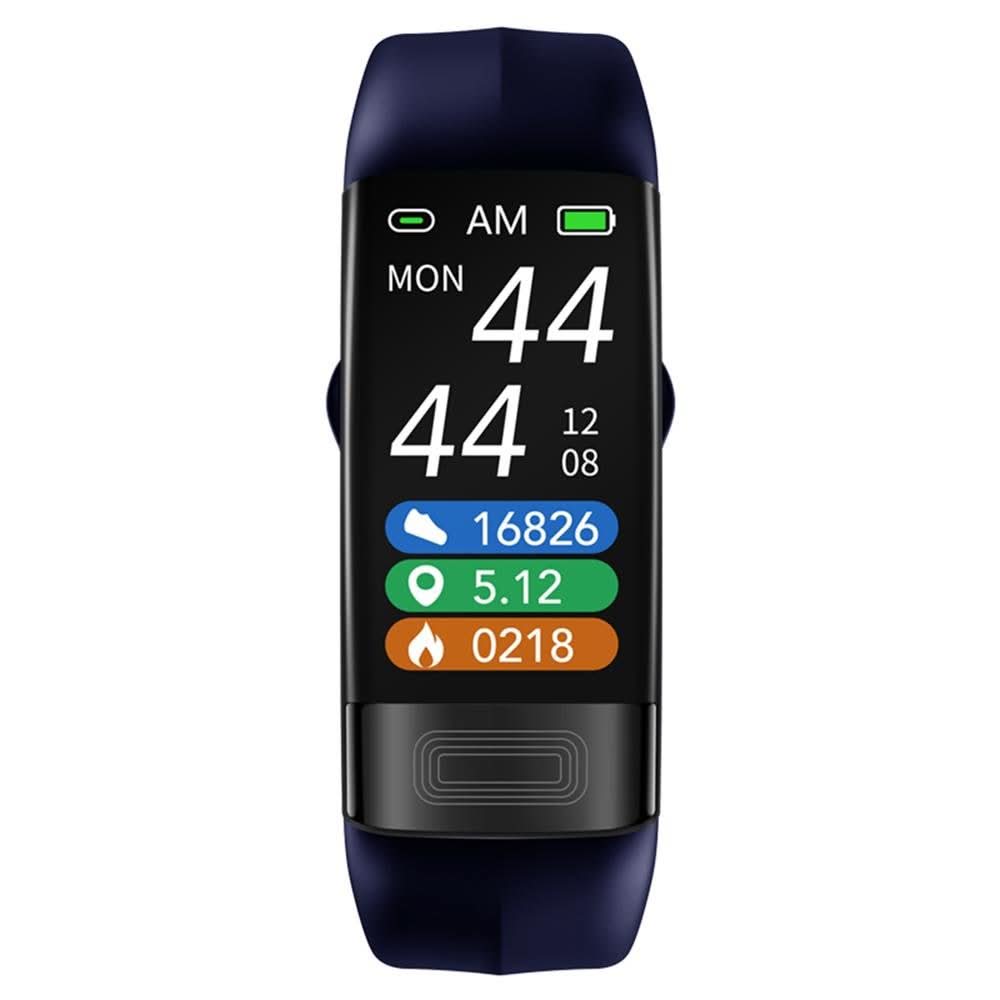 Close-up of a sleek, black Unisex Smart Armband displaying ECG, BP, HR. Essential health & fitness monitor gadget.