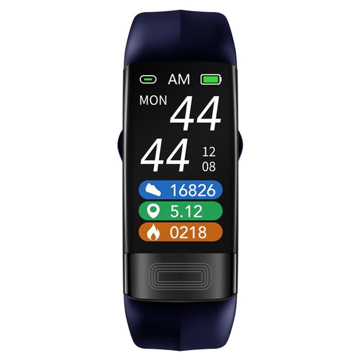 Close-up of a sleek, black Unisex Smart Armband displaying ECG, BP, HR. Essential health & fitness monitor gadget.
