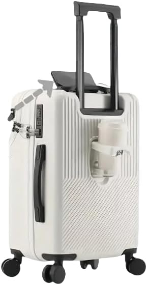 Unisex smart carry-on luggage with USB port and cup holder, front view, hardshell travel bag