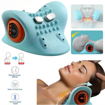 Person wearing a portable smart electric neck massager, enjoying heat therapy for pain relief.
