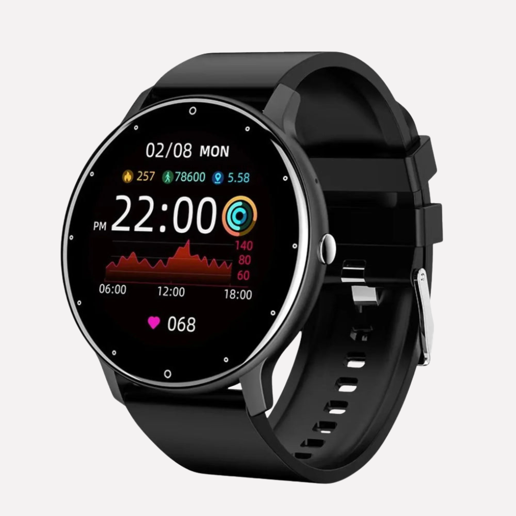 Unisex smart fitness watch with heart rate & blood oxygen monitor, activity tracker, and digital display.