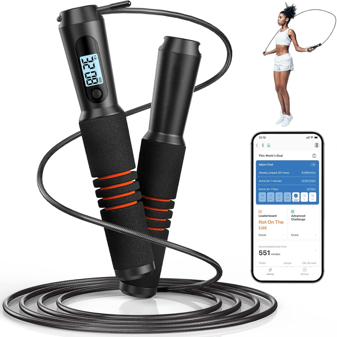 Versatile smart jump rope for unisex fitness, app tracking, cardio & exercise routines. Tangle-free design.