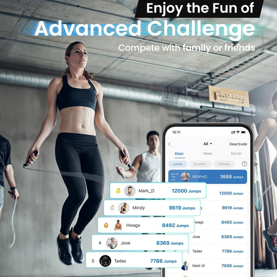 Smart fitness jump rope, adjustable, tangle-free, with app tracking for intense cardio & effective workouts.