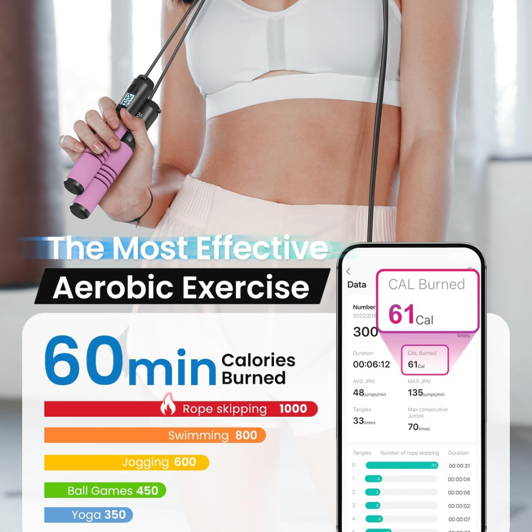Track your fitness with this smart jump rope. Unisex, adjustable, tangle-free, with app tracking for cardio.