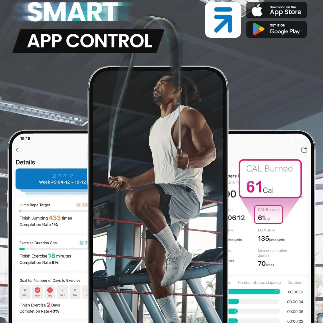Unisex smart fitness jump rope with app tracking for cardio & workout exercise. Tangle-free & adjustable design.