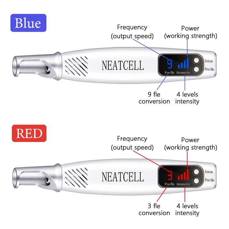 Close-up of picosecond laser pen tip, targeting melanin for tattoo, freckle & dark spot removal.