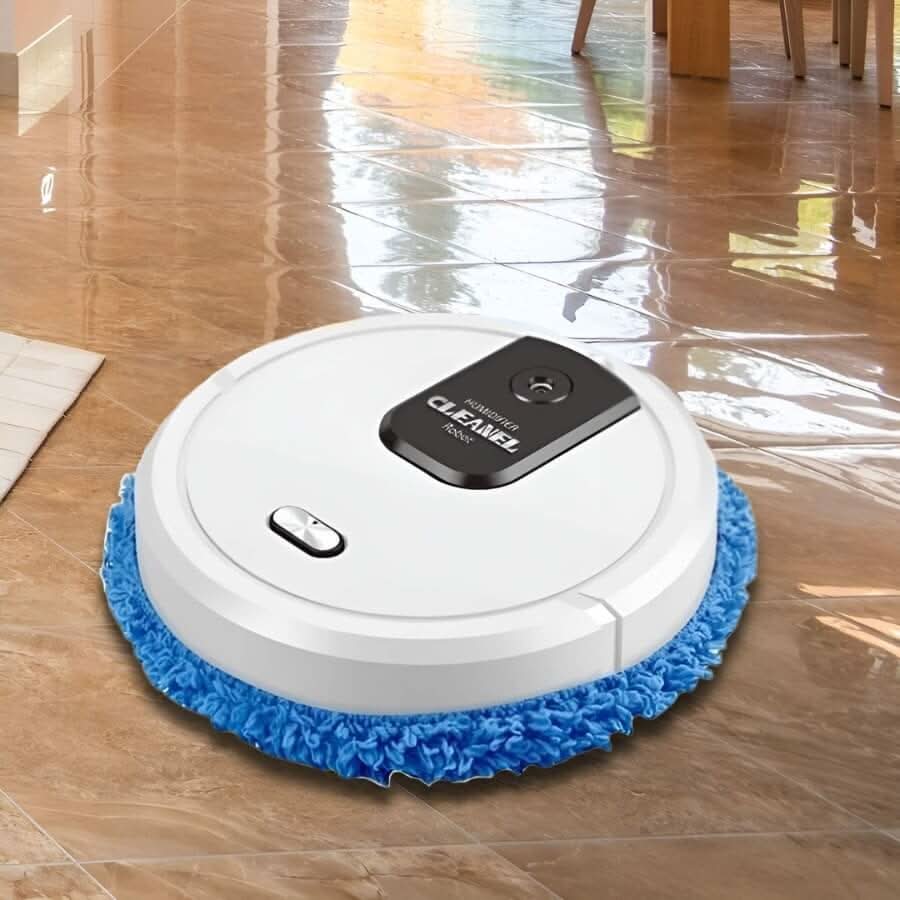 Unisex smart robotic floor mop for efficient automated cleaning of carpets, hardwood, and hard surfaces. Cordless design.