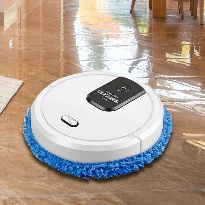 Unisex smart robotic floor mop for efficient automated cleaning of carpets, hardwood, and hard surfaces. Cordless design.