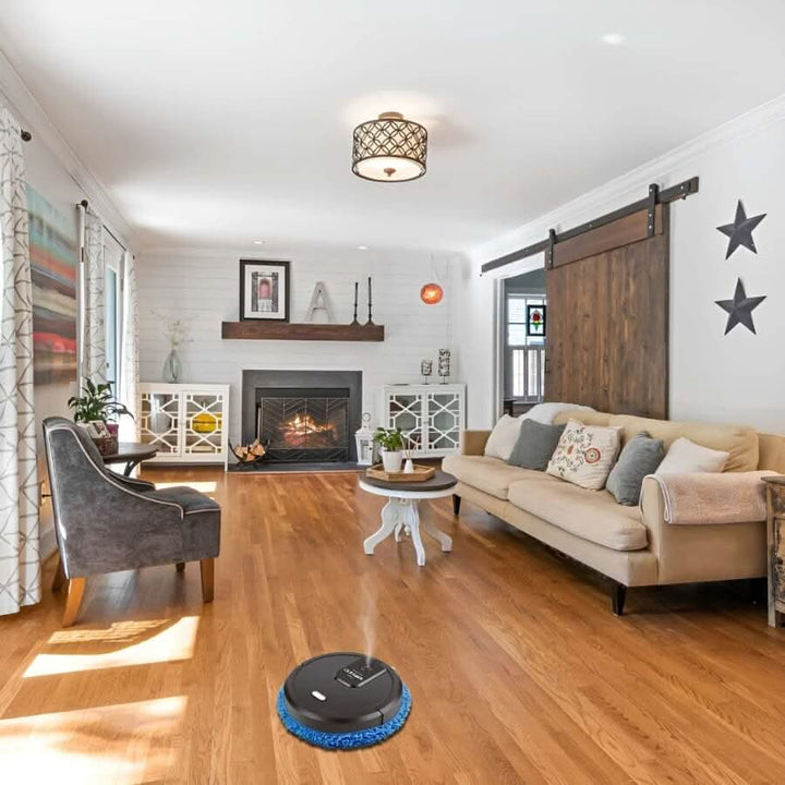Smart robot mop automatically cleans floors. Ideal for home cleaning, hardwood, and carpet surfaces. USB charged.