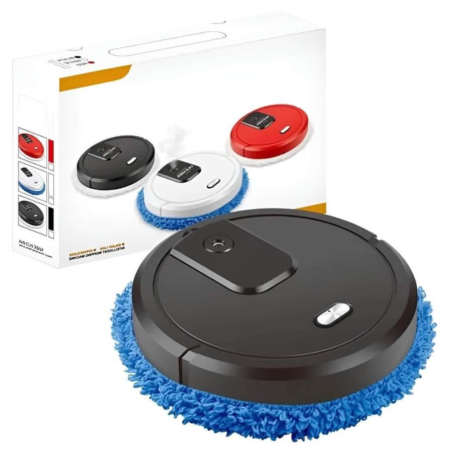 Robotic floor mop actively cleaning a polished hardwood floor. Smart, automated, and efficient for modern home cleaning.