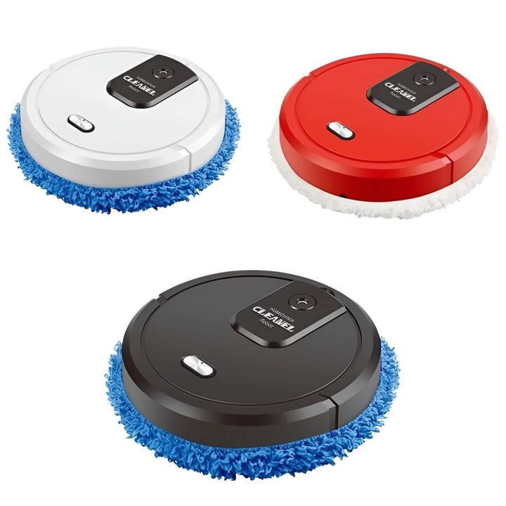 Full view of the smart robotic floor cleaner. Unisex design, handles both carpet and hard surfaces, USB charged, efficient.