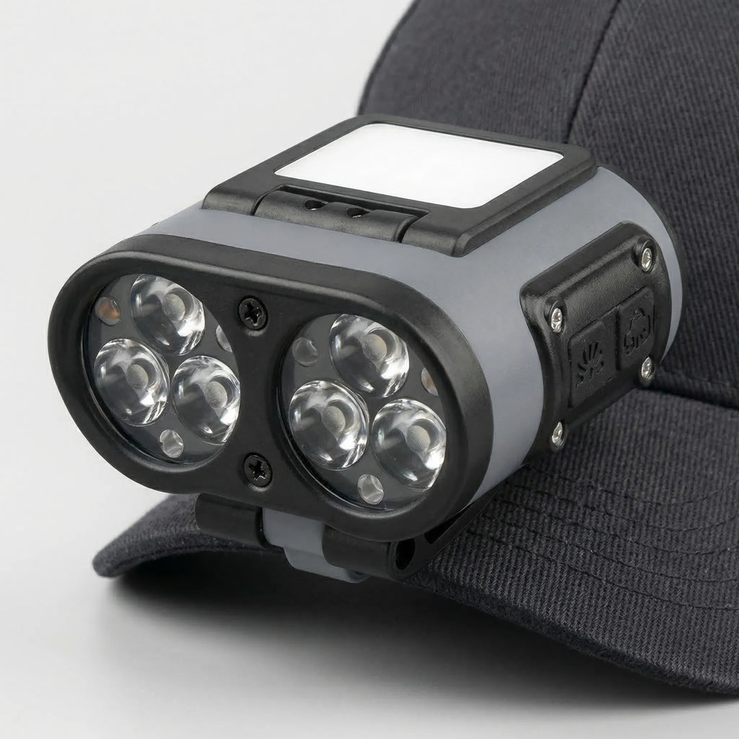 Hands-free smart sensor cap light, ideal for night fishing, camping, hiking. Rechargeable outdoor LED gear.