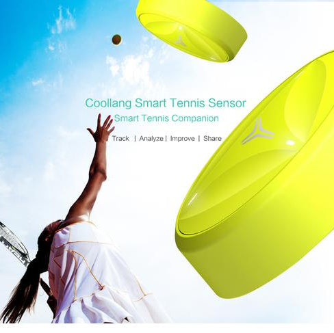 Smart tennis sensor attached to racket, analyzing swing mechanics & providing performance data for better training.