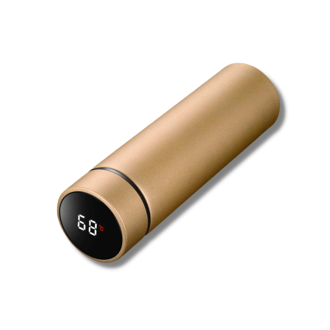 Unisex smart thermos flask with digital temperature display, stainless steel, insulated for hot & cold drinks.