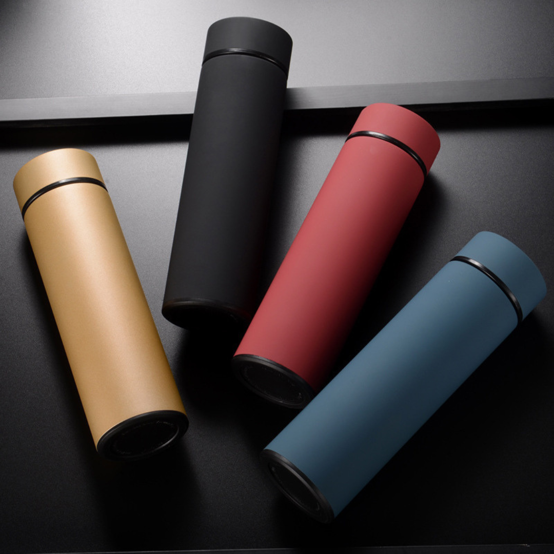 Sleek black stainless steel thermos flask with a modern design & digital temp display for stylish hydration.
