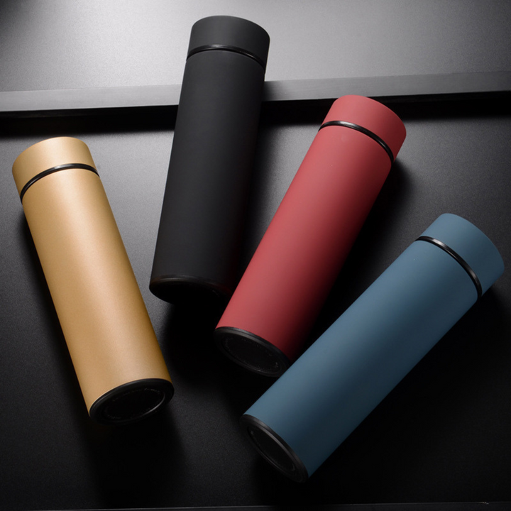 Sleek black stainless steel thermos flask with a modern design & digital temp display for stylish hydration.
