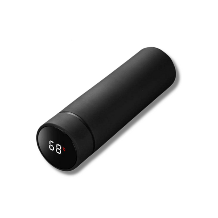 Portable smart thermos flask in a hand, perfect for travel, gym, or office; keeps drinks hot or cold.