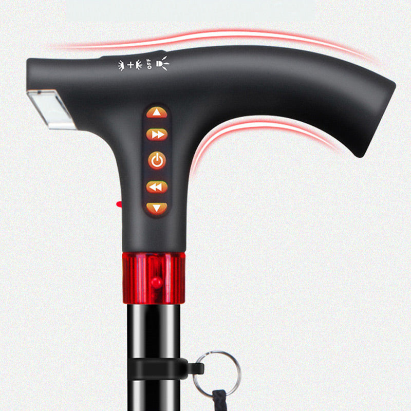 Unisex smart walking cane with LED light, radio, and emergency alarm for senior safety and mobility support.