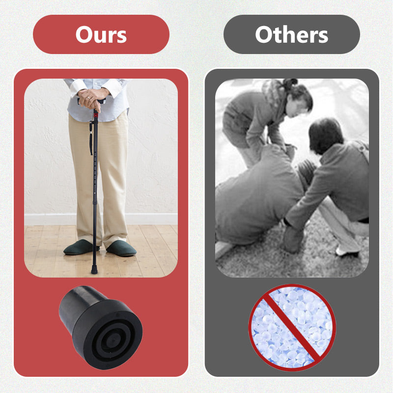 Adjustable smart walking cane with integrated radio for entertainment and an emergency alarm for senior safety.