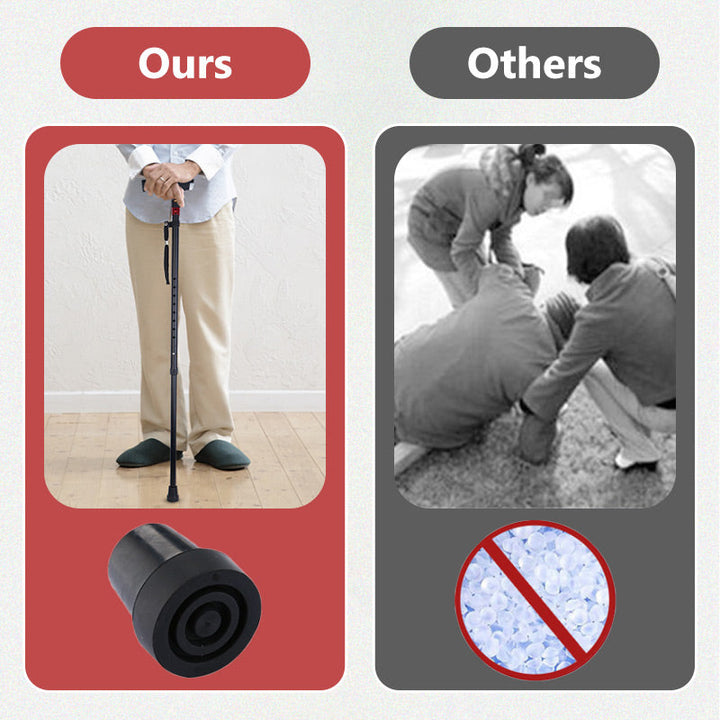 Adjustable smart walking cane with integrated radio for entertainment and an emergency alarm for senior safety.