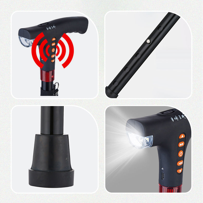Lightweight mobility aid: a unisex smart cane with LED light and radio, perfect for daily elderly support.