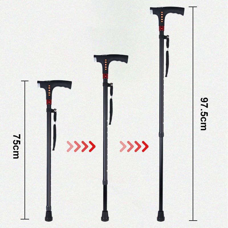 Advanced smart walking cane with LED light, emergency alarm, and radio for improved senior mobility and security.