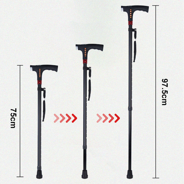 Advanced smart walking cane with LED light, emergency alarm, and radio for improved senior mobility and security.