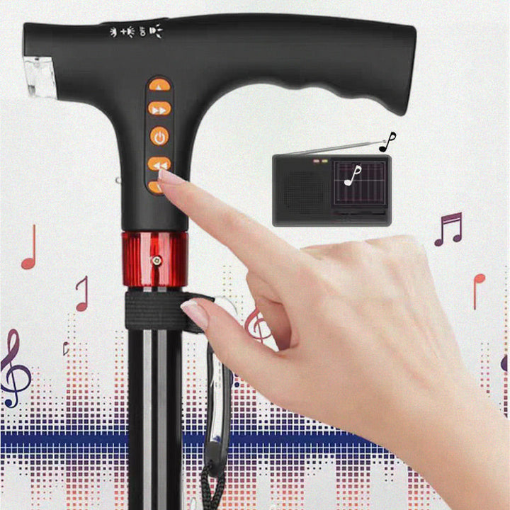 Durable smart walking cane for seniors, featuring an adjustable height, powerful LED light, and emergency siren.