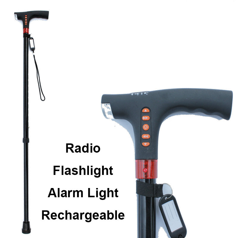 Unisex smart cane for elderly support, equipped with LED light, radio, emergency alarm, and adjustable height.